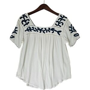 Chic Connection White Embroidered Square Neck Cottagecore Peasant Top Size L‎